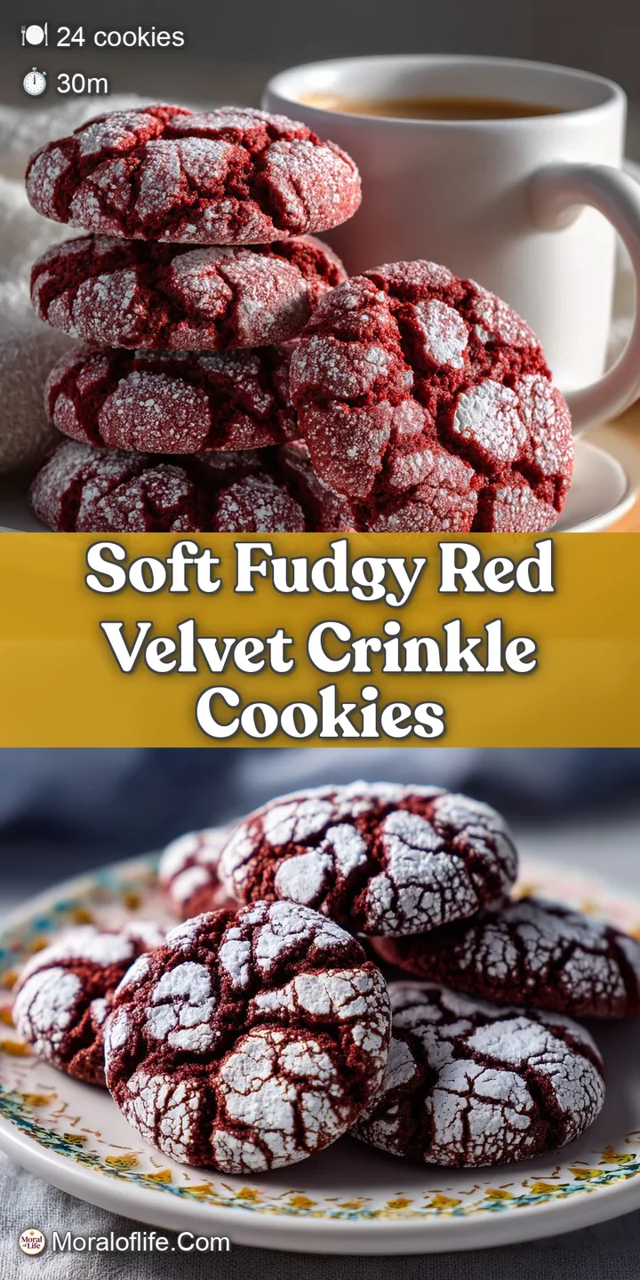 Close-up of a single red velvet cookie revealing its intense color, sugary dusting, and the moist, irresistible texture of...