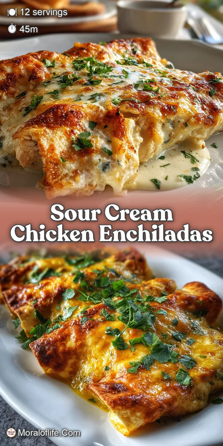 Close-up of a creamy chicken enchilada oozing with melted cheese. A dollop of cool sour cream adds a tangy contrast.