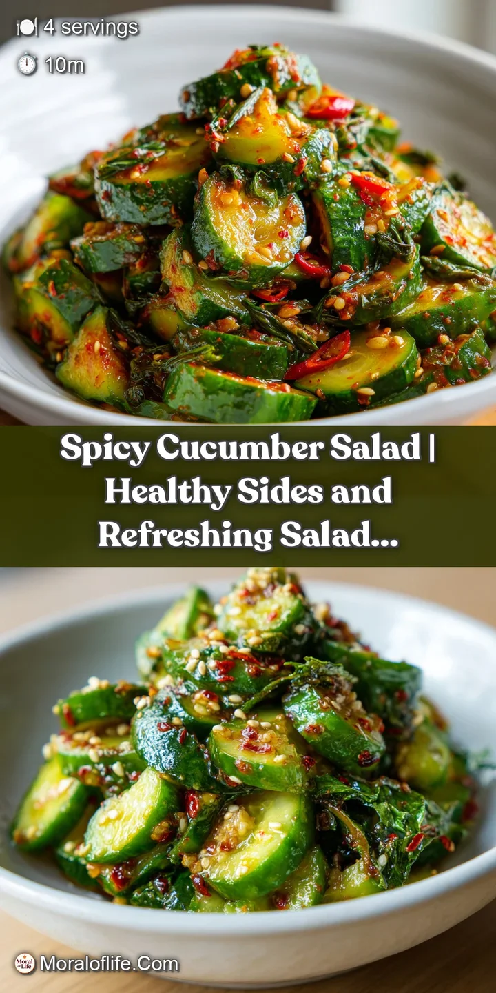 Crisp, cool cucumber slices coated in a vibrant, glossy dressing with pops of red chili and green herbs.
