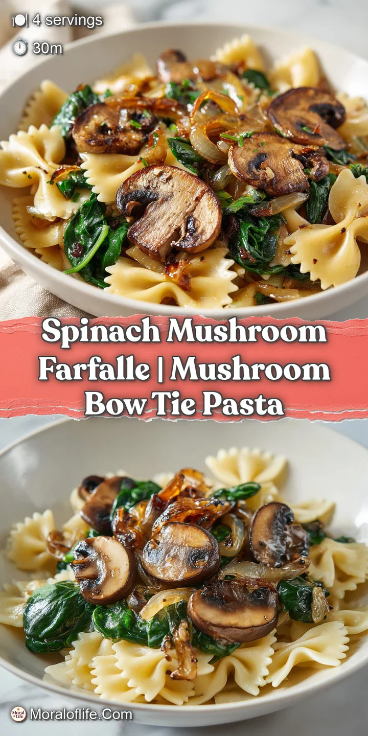 Close-up of velvety cream sauce clinging to bowtie pasta with glistening mushrooms and tender green spinach leaves.