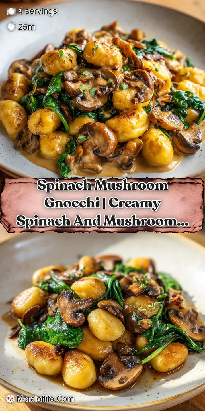 Close-up of a crispy golden gnocchi dumpling coated in velvety cream sauce with savory mushrooms and fresh spinach.