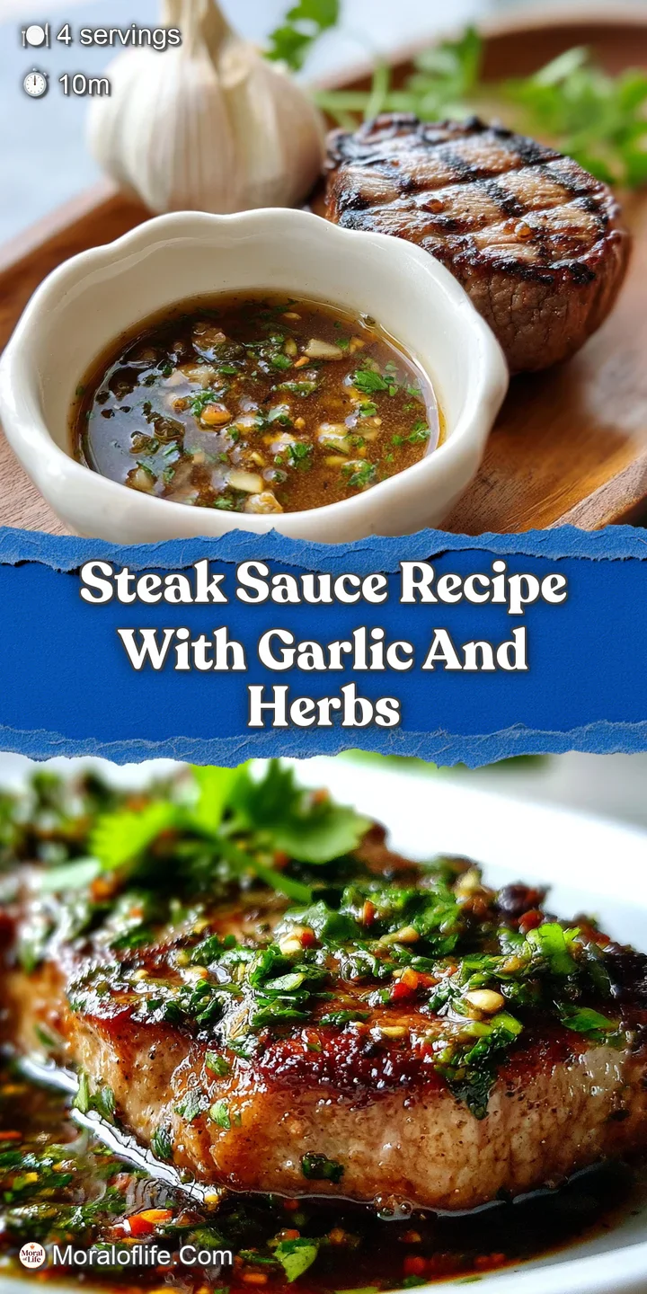 Close-up of a pan-seared steak, glistening. Sauce has flecks of herbs and garlic. Meaty texture practically bursts from t...