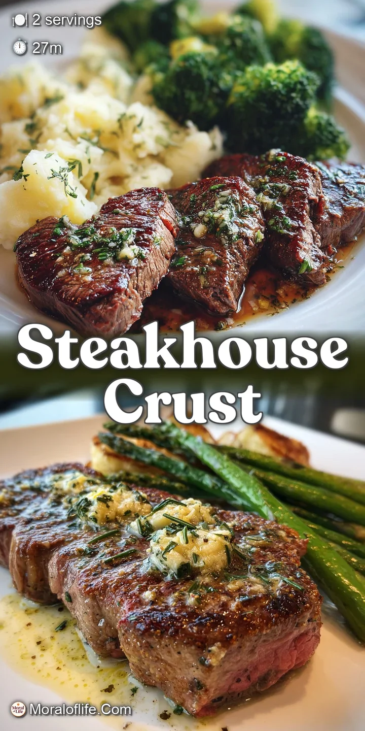 Close-up view of a tender steak with visible grill marks, melting garlic butter pooling around it, with fresh herbs for a ...