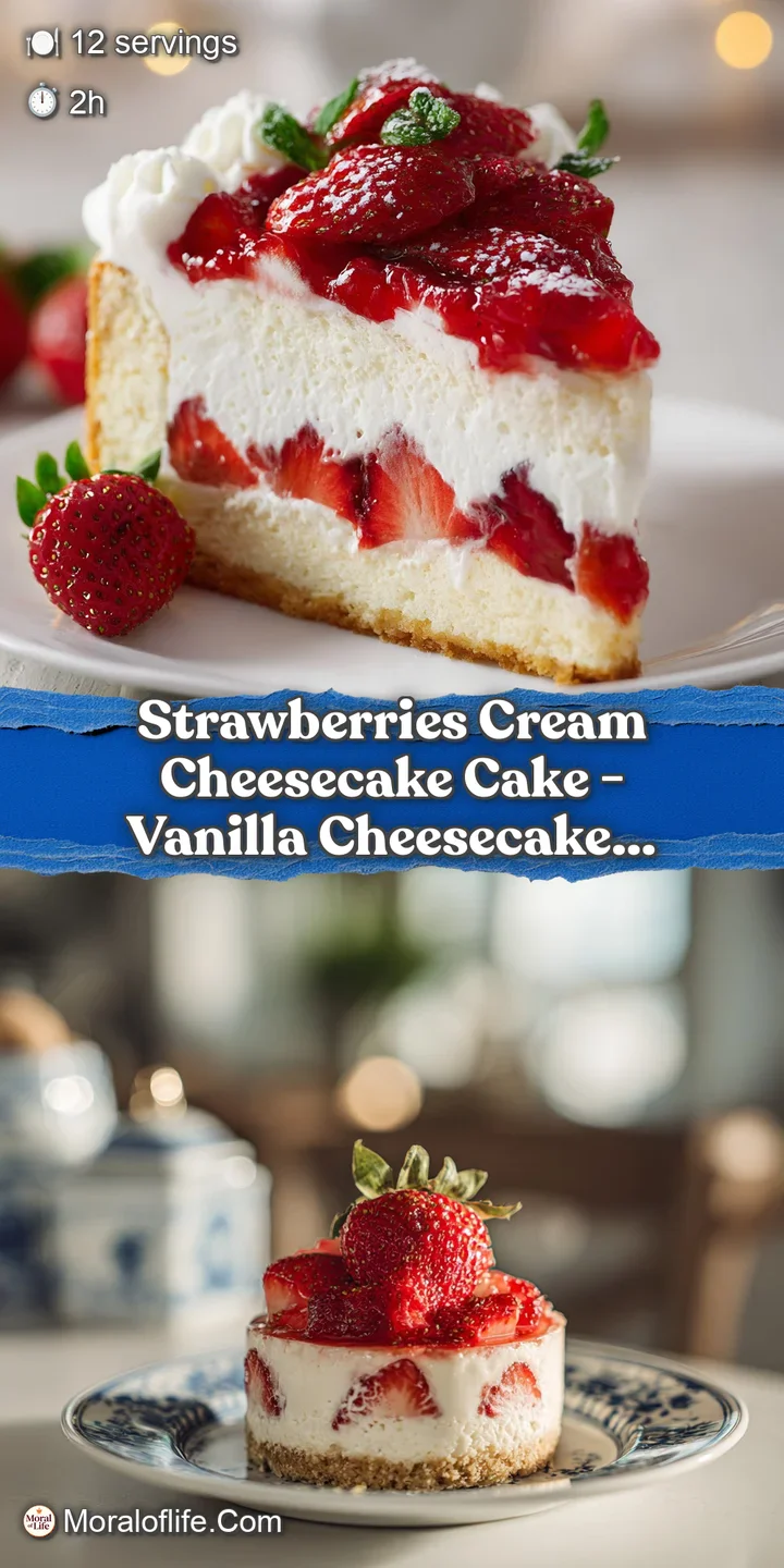 Close-up of a fork gently cutting into a rich cheesecake cake, revealing layers of creamy texture and juicy strawberries.