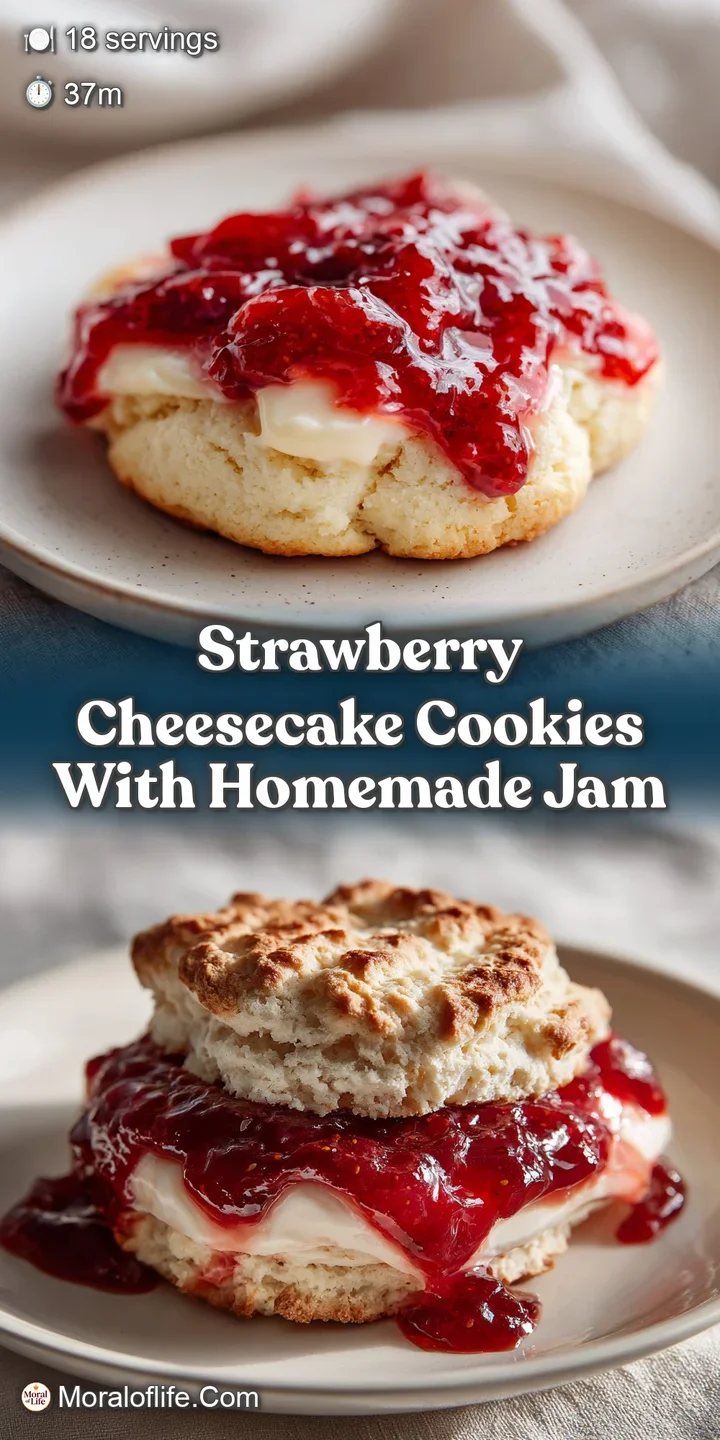 Close-up of a strawberry cheesecake cookie featuring gooey jam; you can almost taste the sweet and tangy flavor bursting f...