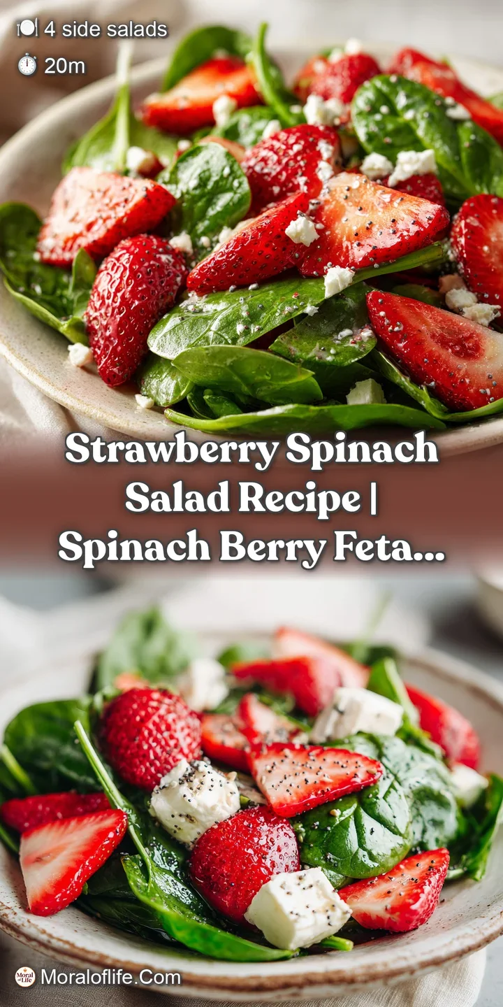 Juicy, sliced red strawberries nestled amongst fresh, green spinach leaves and a sprinkle of soft feta.