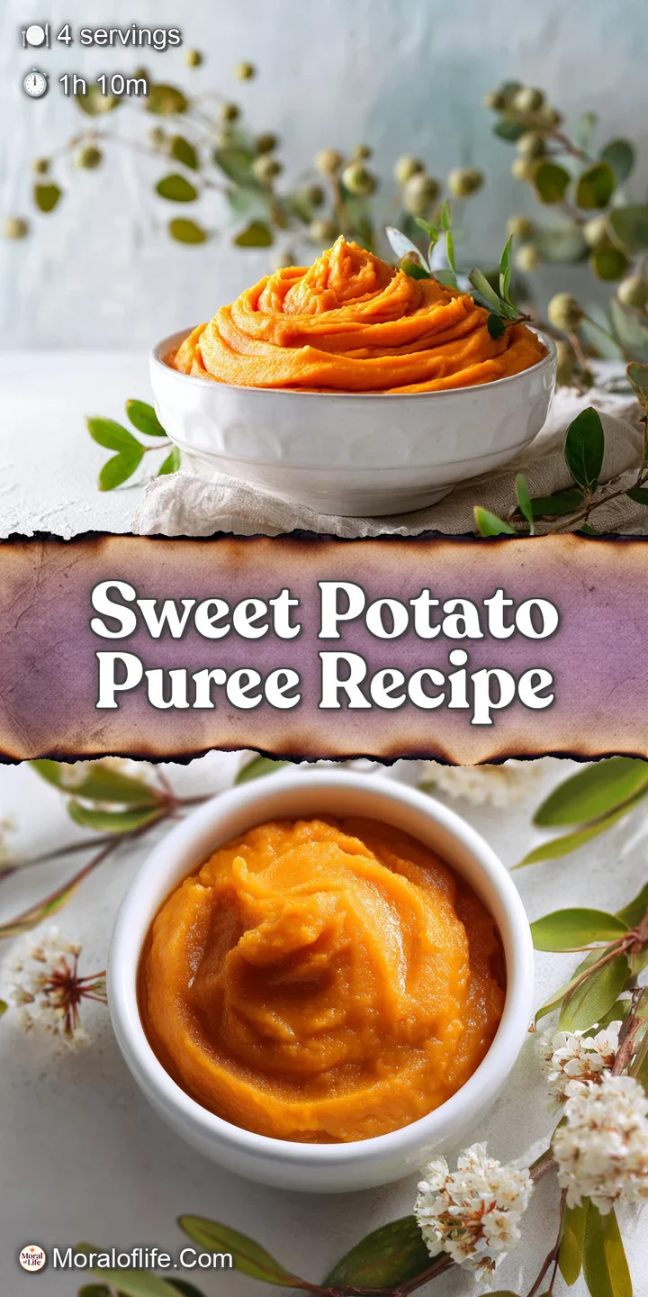 Close-up of creamy sweet potato puree, highlighting its velvety texture and deep orange color, promising a comforting taste.