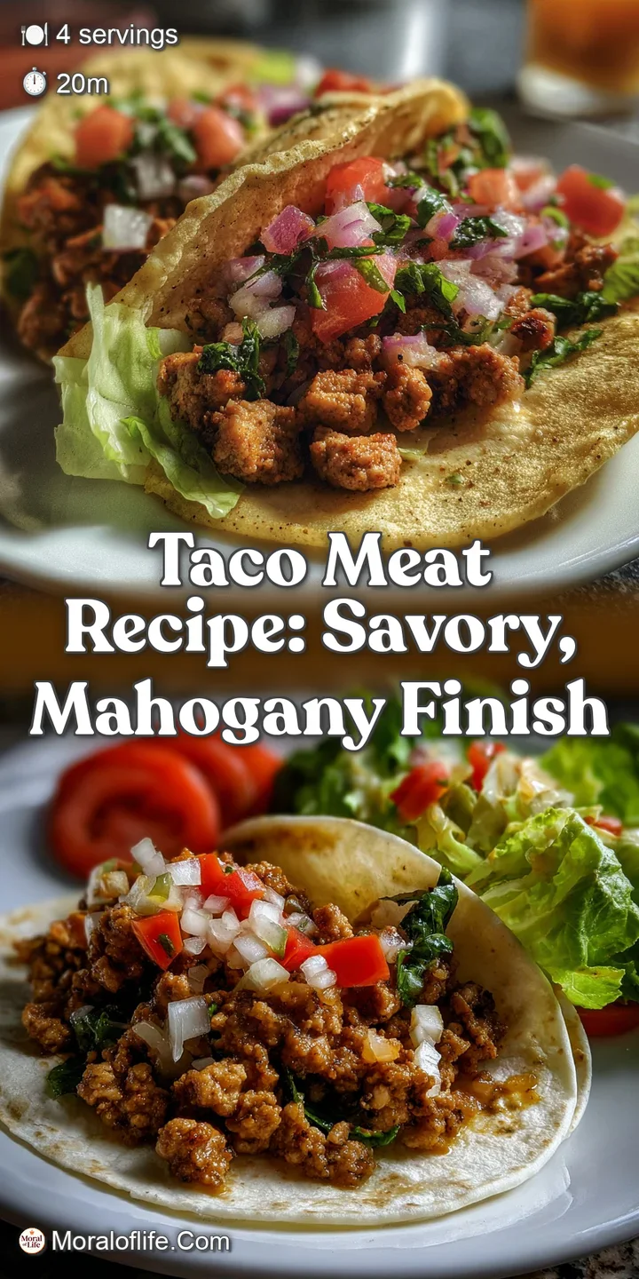 Close-up of the flavorful, deeply colored taco meat. Textured surface with visible spices and rendered fat, a truly appeti...