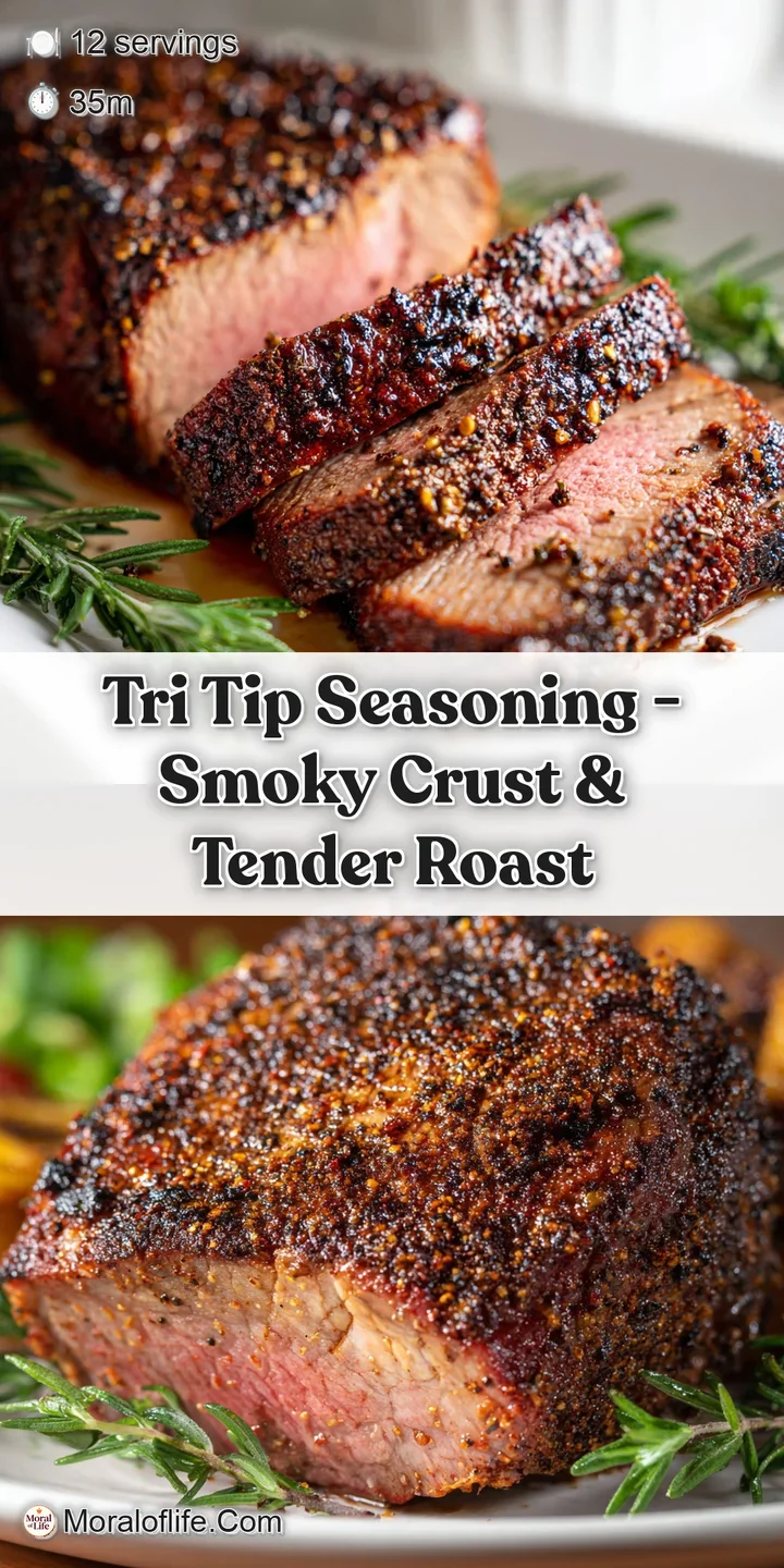 Close-up showcases the dark, seasoned crust of grilled tri-tip. Smoke and savory aroma practically jump from the image.