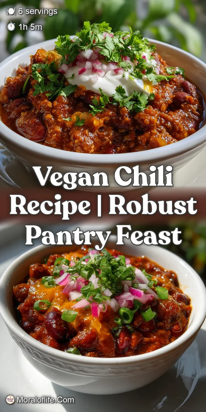 Close-up of a steaming bowl of vegan chili. Deep red hues from the fire-roasted base, a hint of spice, and a velvety smoot...