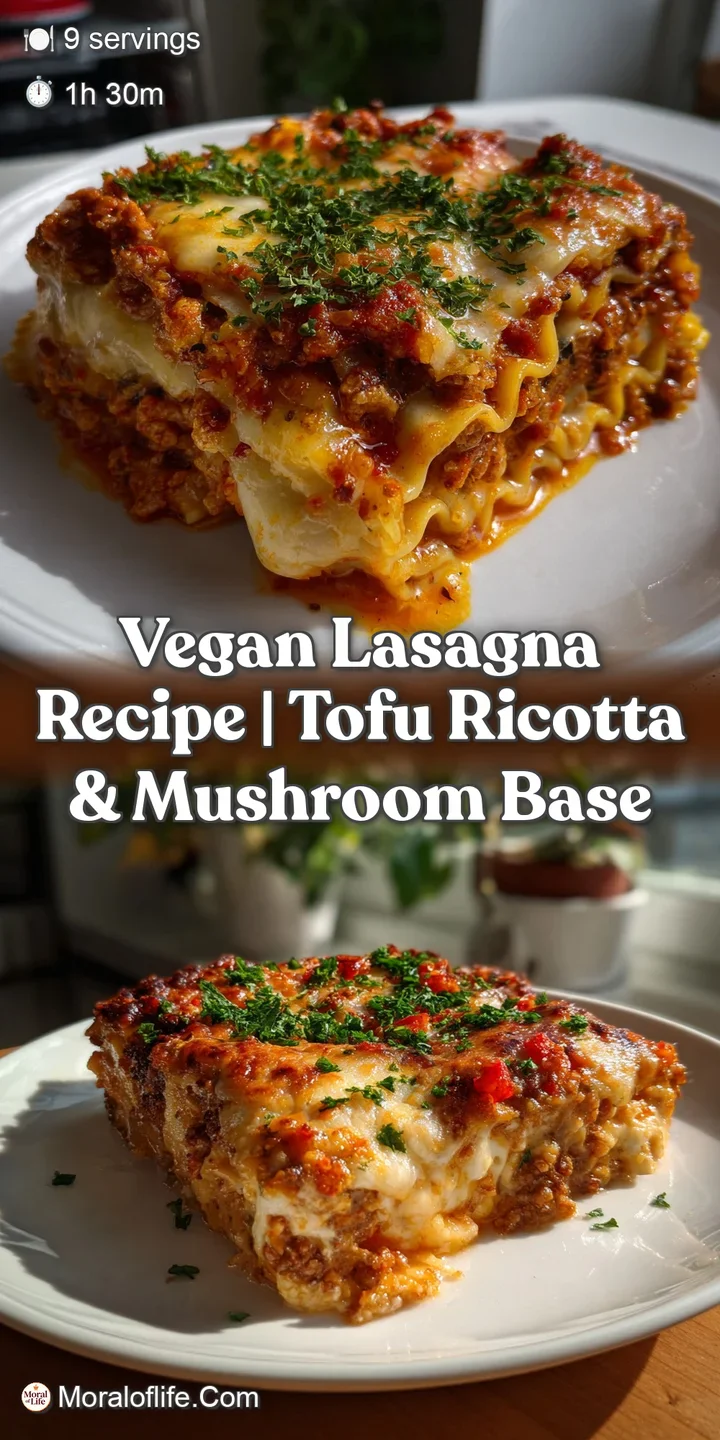 Close-up of a steaming lasagna slice, revealing layers of pasta, vegetables, and melted, bubbly cheese. The rich tomato sa...