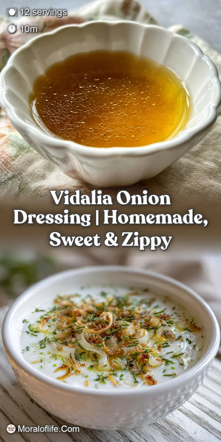 Close-up showcasing the velvety texture of Vidalia onion dressing. Hints of pepper and herbs add visual interest.