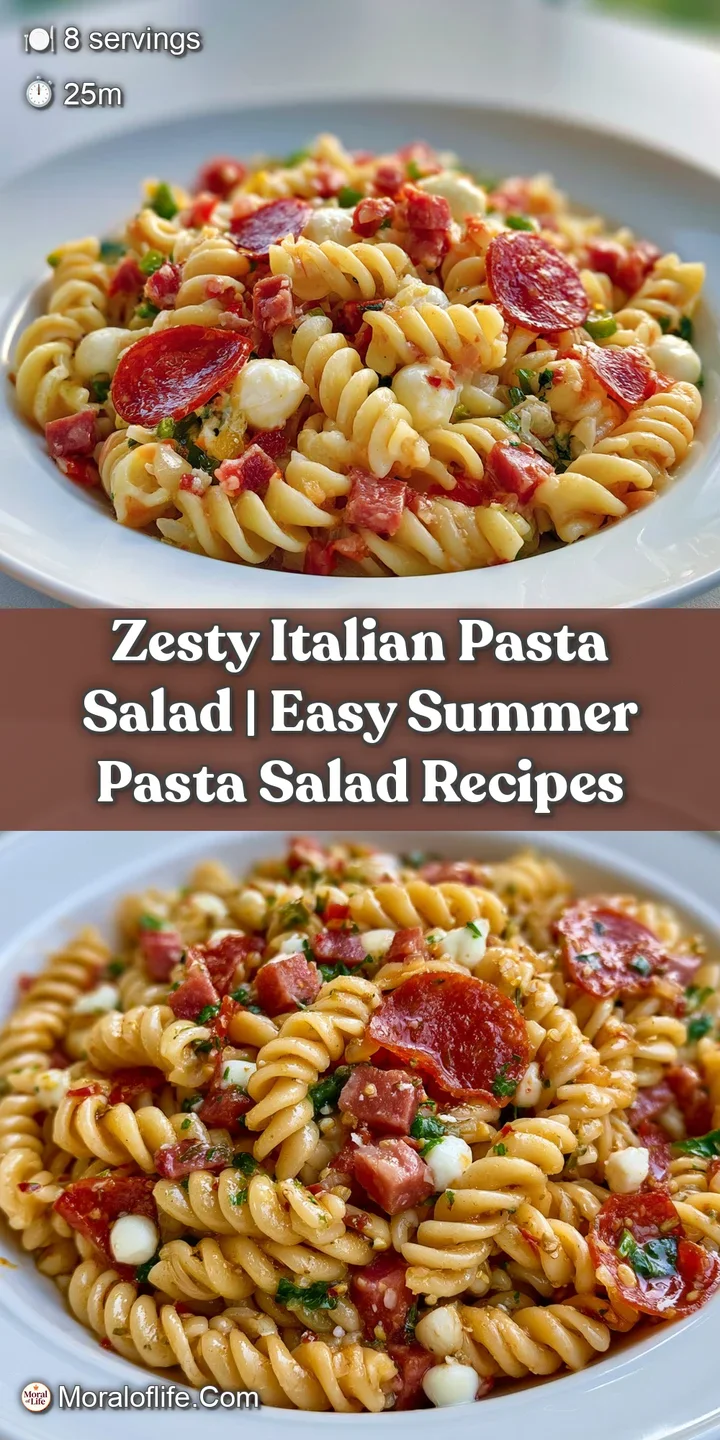 Extreme close-up of glossy rotini pasta mixed with sliced pepperoni, bright red peppers, and zesty vinaigrette.
