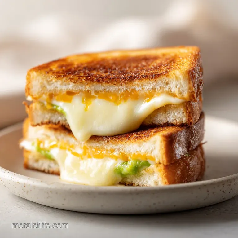 Warm, gooey grilled cheese sandwich, sliced to show melted cheese pull, next to a pile of crunchy potato chips on a plate.