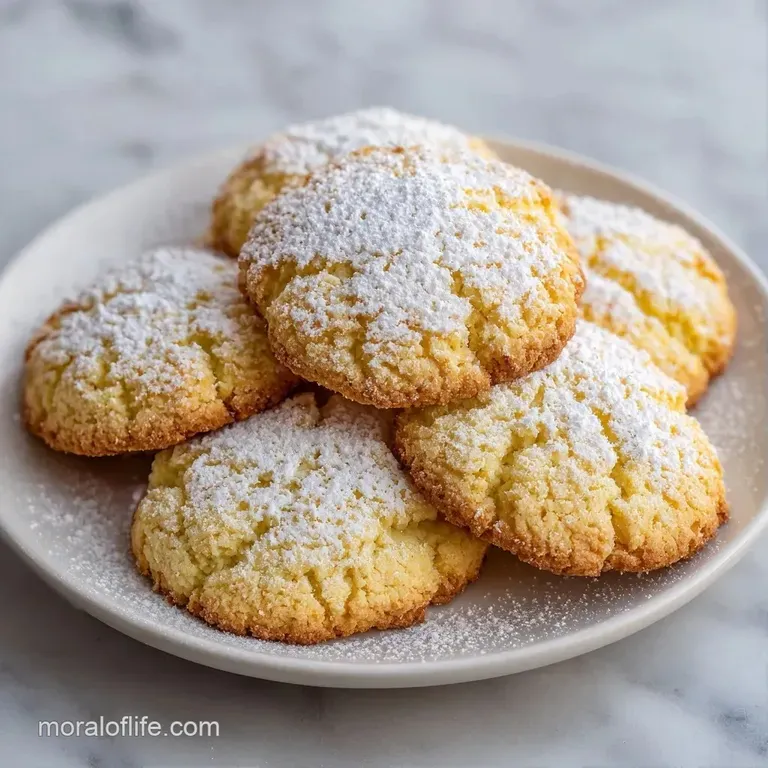 A neat stack of citrus-infused treats topped with white sugar, paired with a fresh lemon slice on a marble surface.