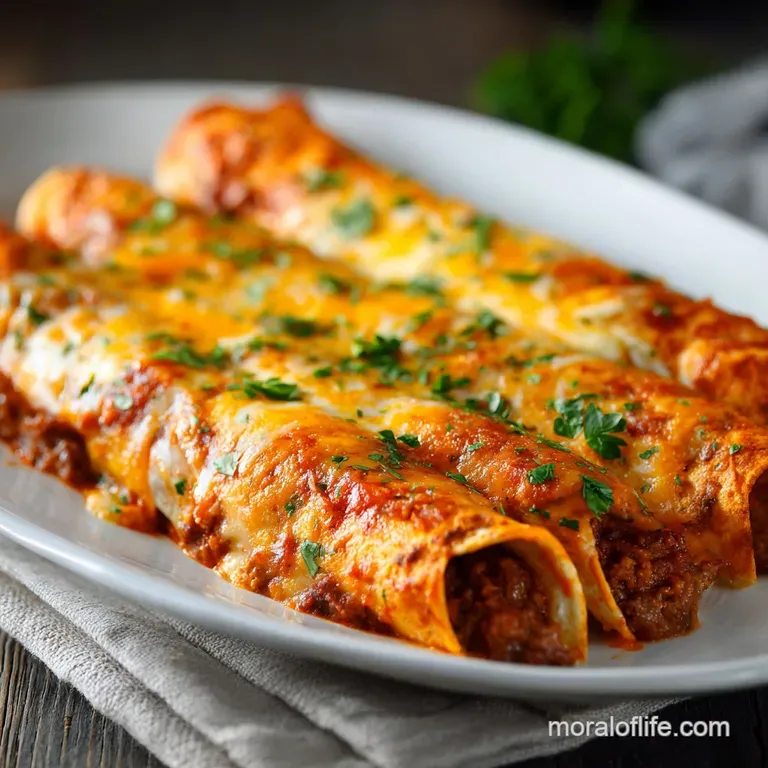 Two beef enchiladas bathed in red salsa with dollops of sour cream, topped with green onions on a white plate, inviting an...