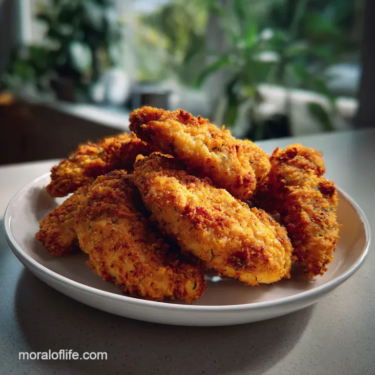 Tender, juicy chicken tenders artfully arranged on a white plate, garnished with fresh parsley and a side of dipping sauce.