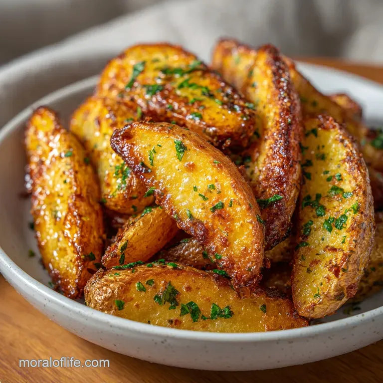 Shiny, crispy fingerling potatoes artfully arranged on a white plate, steam rising slightly, sprinkled with fresh herbs an...