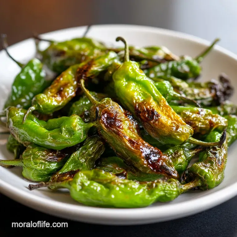 Glossy, vibrant green shishito peppers, artfully arranged on a white plate with a sprinkle of flaky sea salt.