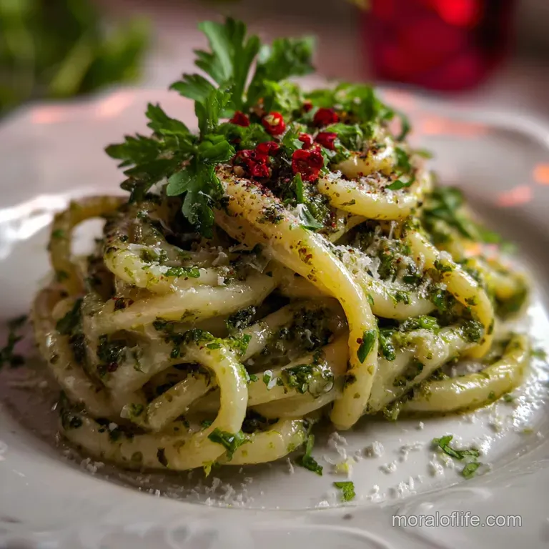 Silken Alfredo and pesto sauce artfully arranged on a plate. Garnished with a drizzle of pesto and fresh basil, inviting e...