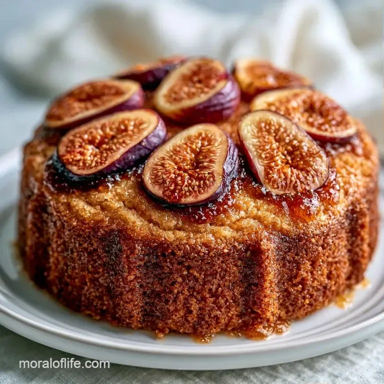 A thin slice of golden cake on a white ceramic plate, paired with a dollop of cream and a fresh fig wedge