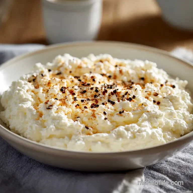 A rustic flagel, generously layered with fluffy cottage cheese, sits on a plate with cracked pepper and an herb sprig for ...