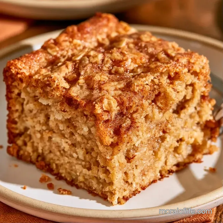 A slice of warm, spiced cake on a white ceramic plate with a drizzle of maple syrup and a fresh apple wedge.