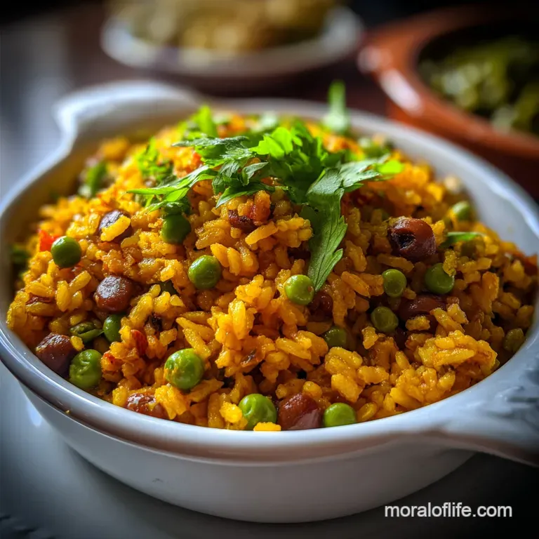 Arroz con gandules served on a white plate, garnished with fresh cilantro; inviting aroma suggests a flavorful, hearty meal.