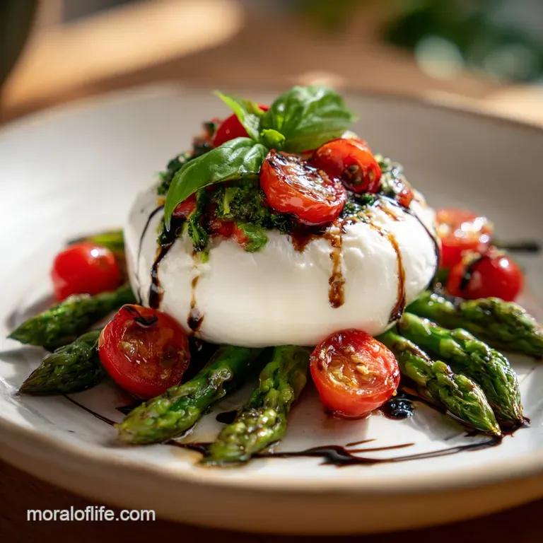 Elegant platter of tender green asparagus and red cherry tomatoes surrounding a creamy, oozing ball of fresh burrata.