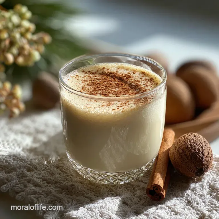 Elegant glass of coquito topped with cinnamon stick and star anise. Creamy texture hints at smooth, rich flavor.