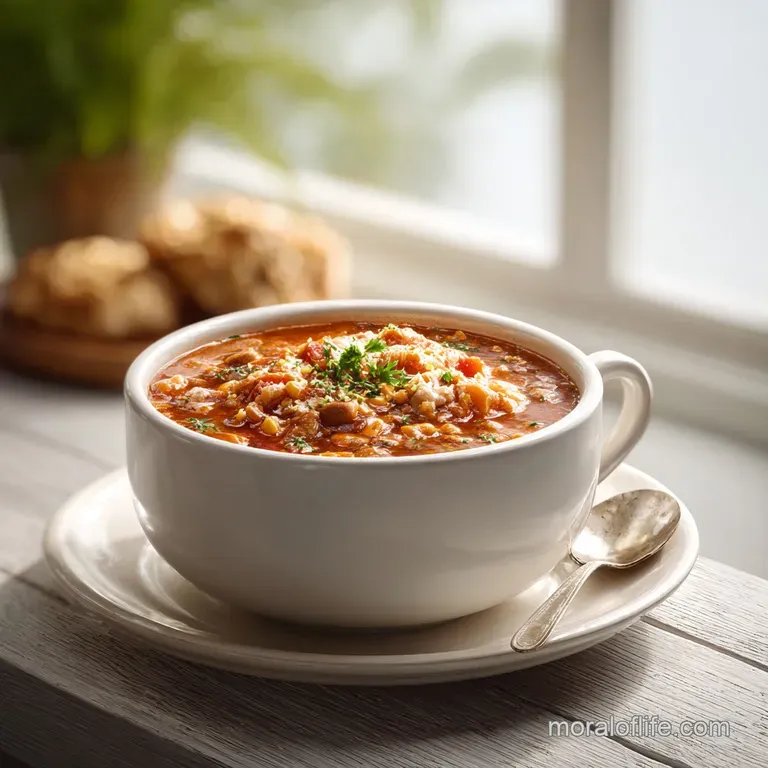 A rustic bowl of Brunswick stew, generously garnished with fresh green herbs and served with crusty bread.