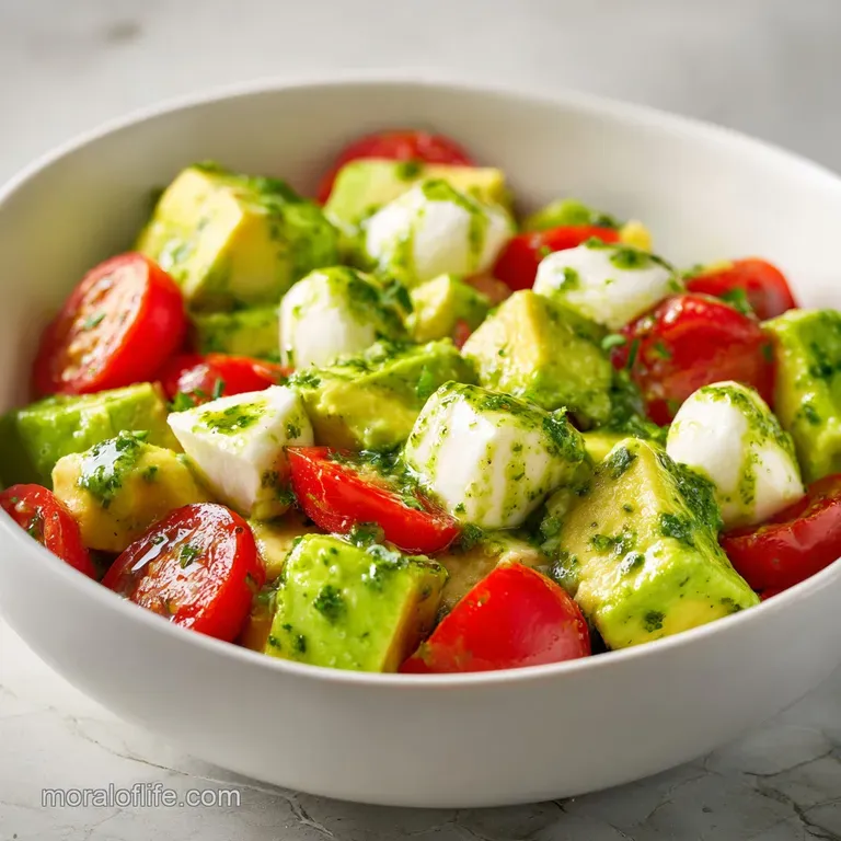Artfully layered slices of ripe avocado and red tomatoes with soft mozzarella pearls on a clean white ceramic plate.