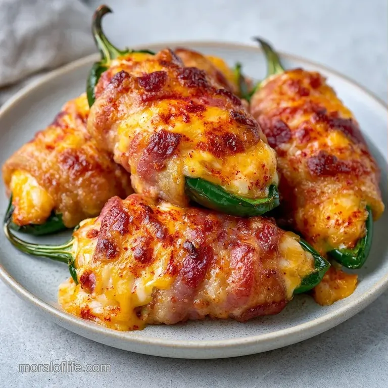 Golden-brown bacon strips wrapped around bright green peppers, artfully plated on a ceramic dish with parsley.