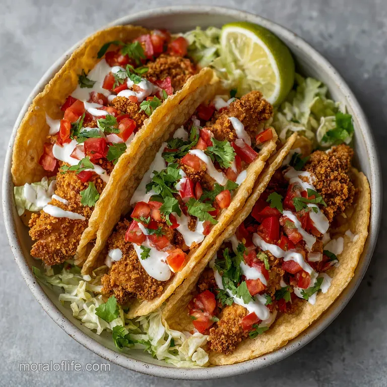 Crispy baked chicken taco with a creamy dollop of sour cream and a sprinkle of fresh cilantro; bright, inviting.