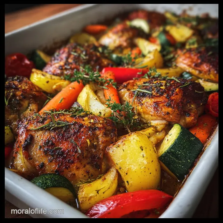 Perfectly roasted chicken and colorful vegetables elegantly plated, garnished with fresh herbs, steam rising.