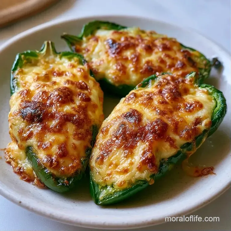 Three cheesy green peppers arranged neatly on a white ceramic plate with a side of cool, creamy ranch dipping sauce.
