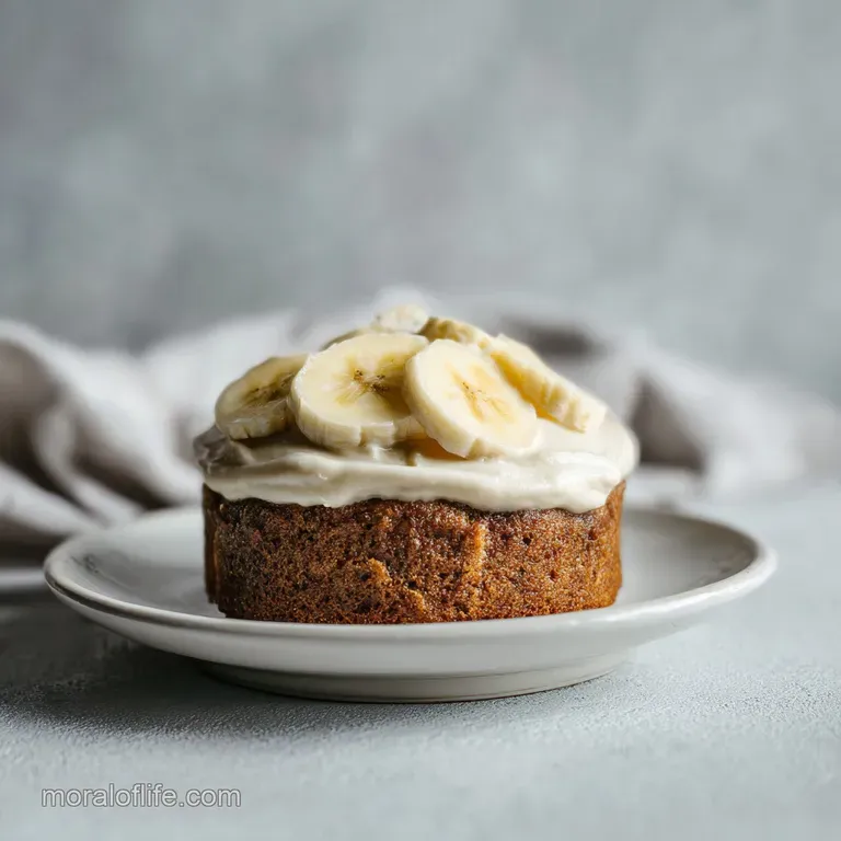 Slice of moist banana cake, swirled coffee frosting, served on a white plate with a coffee bean garnish, elegant dessert.