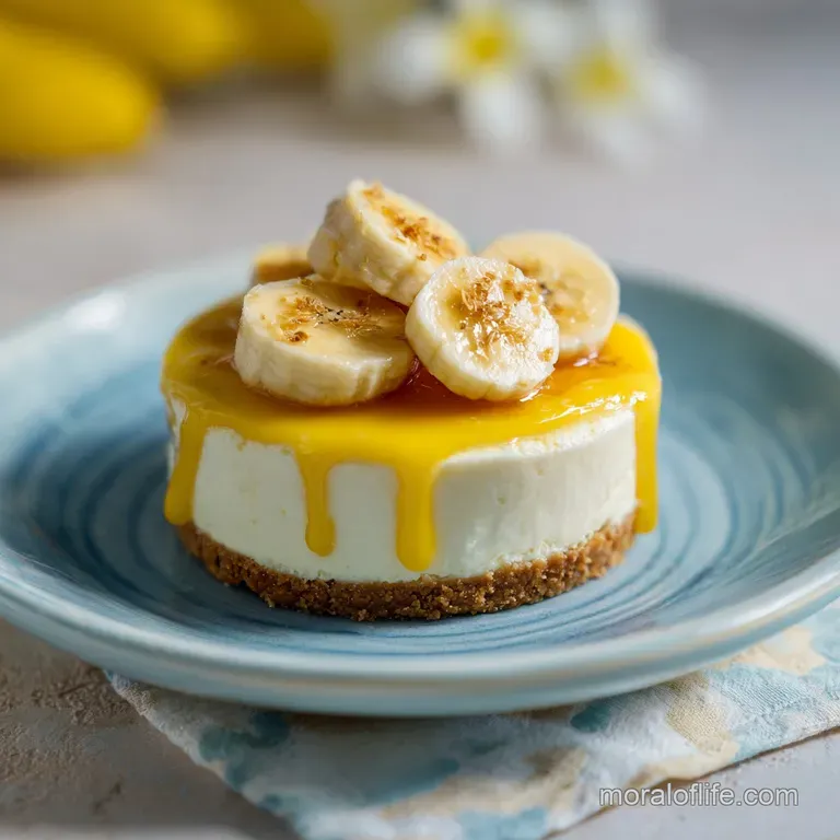A slice of banana cream cheesecake, artfully arranged with a drizzle of caramel.