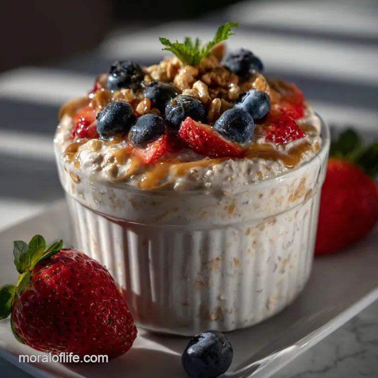 Overnight oats artfully arranged in a small glass bowl, garnished with vibrant fruit and a drizzle of honey.