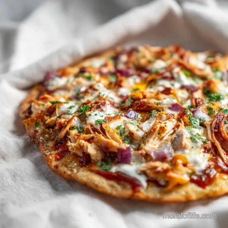 Slice of BBQ chicken pizza on a plate. Tangy BBQ sauce glistens. Dough is lightly charred with fresh cilantro.