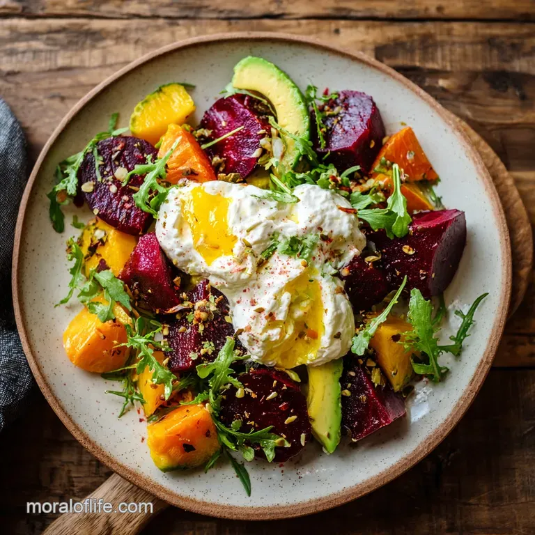 A vibrant salad of roasted root vegetables arranged on a white plate, highlighting the beets' rich jewel tones.