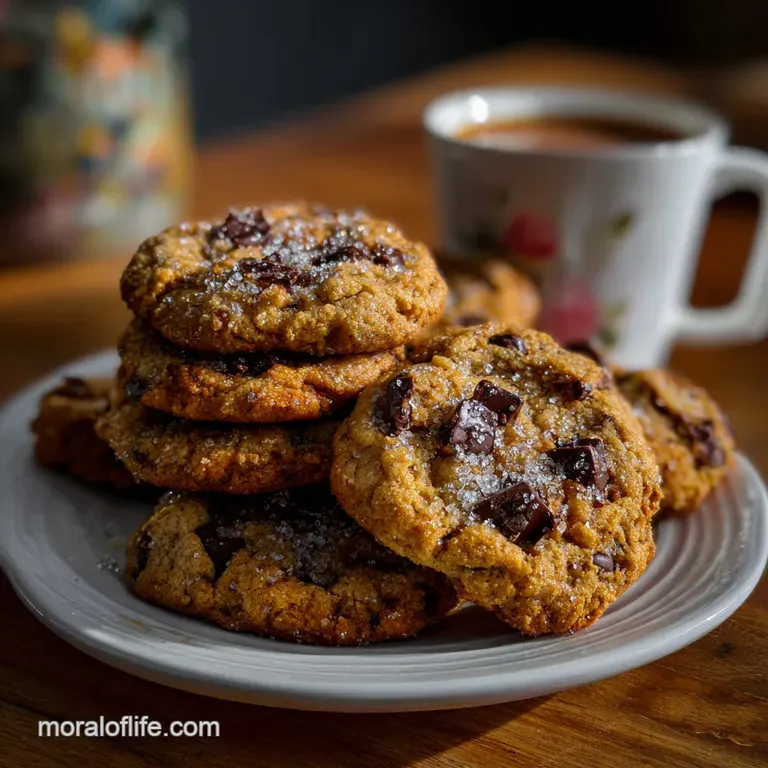 Warm, chewy chocolate chip cookies artfully arranged on a white plate, with a subtle dusting of powdered sugar and a glass...
