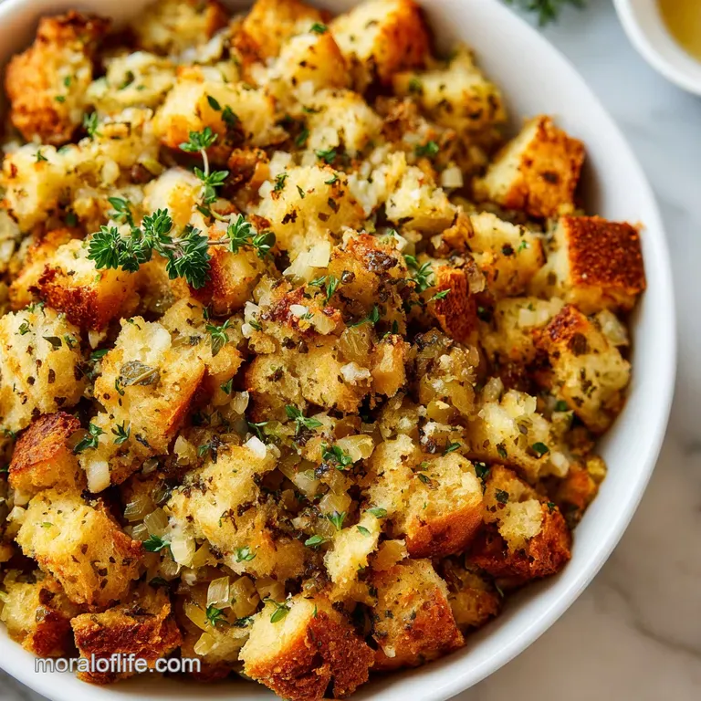 A scoop of savory cornbread stuffing, piled high and garnished with fresh sage. Steaming and inviting against a dark plate.