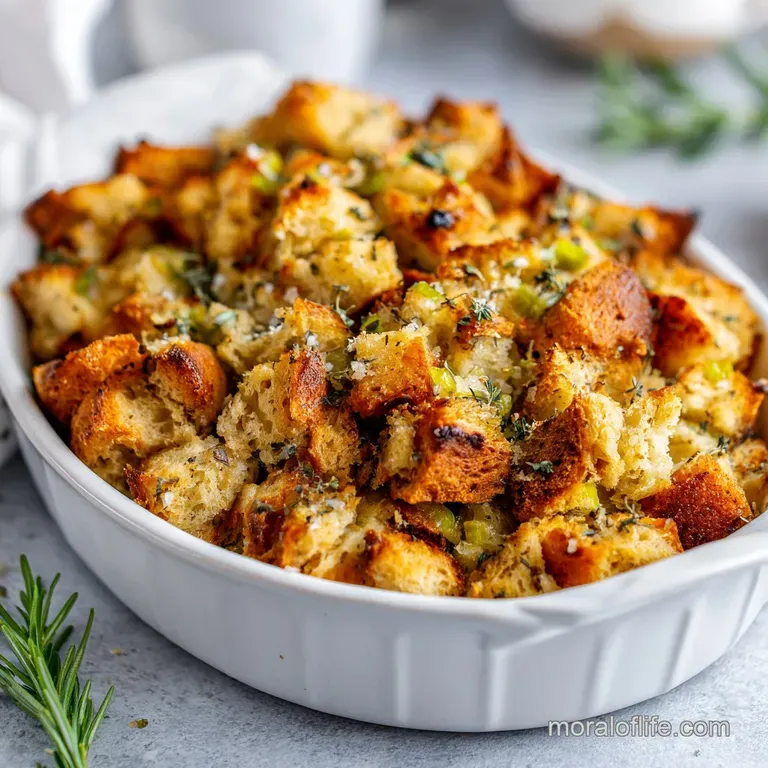 A generous scoop of moist stuffing, flecked with herbs and toasted bread, sits elegantly on a white plate.