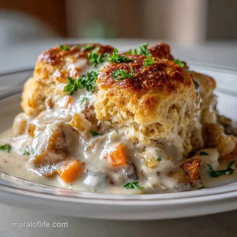Buttery biscuit square topped with creamy, peppered gravy; parsley garnish. Warm, inviting comfort food plated on a white ...