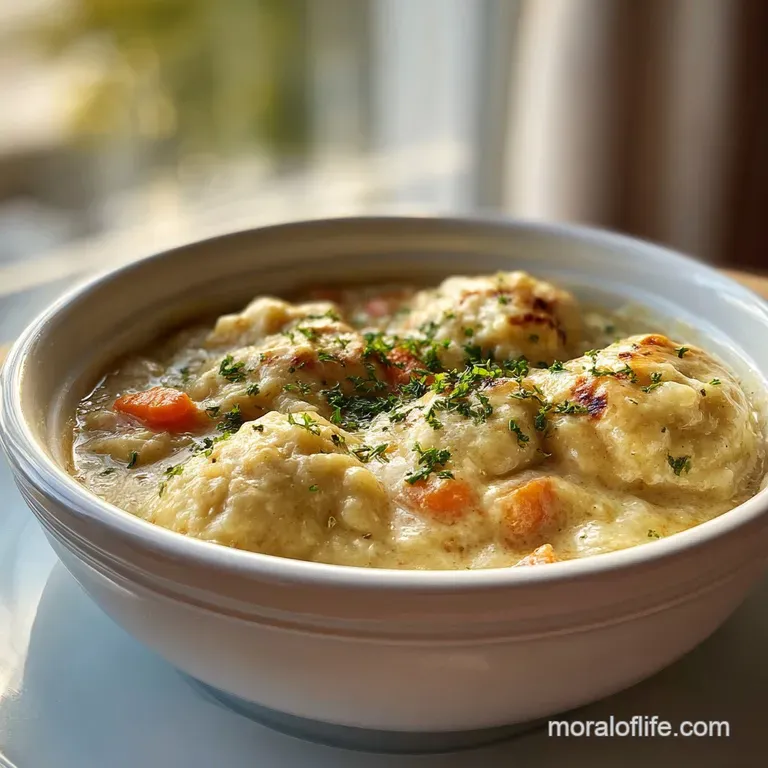 A single serving of chicken and dumplings, steam rising, garnished with fresh parsley, showcasing creamy, rich texture.
