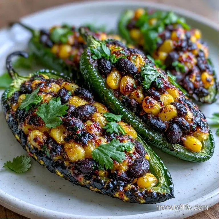 Roasted green chili peppers filled with savory beans and melted cheese, arranged on a white ceramic plate.