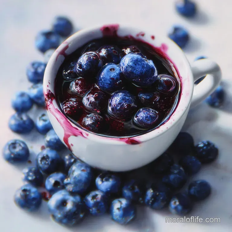 Coffee in a clear glass with blueberry syrup drizzled inside. Fresh blueberries garnish the foamy milk.