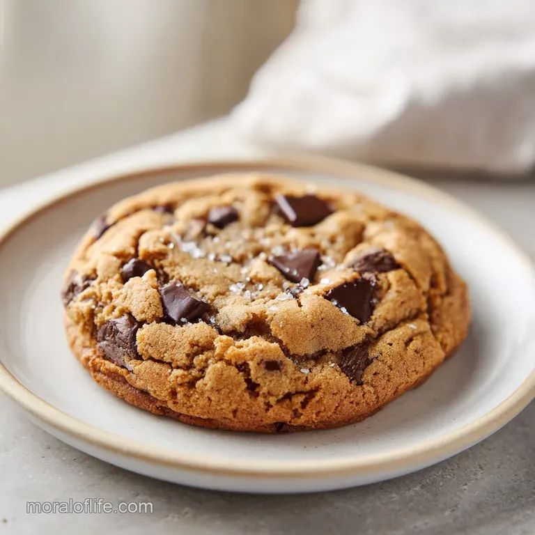 A stack of warm, soft chocolate chip cookies on a plate, dusted with sea salt, with visible melted butter droplets glisten...