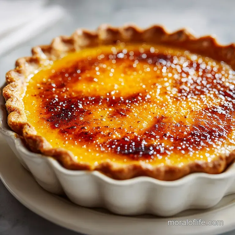 Slice of creamy pumpkin pie with a brittle brulee crust, glistening with caramelized sugar, presented on a clean, white pl...